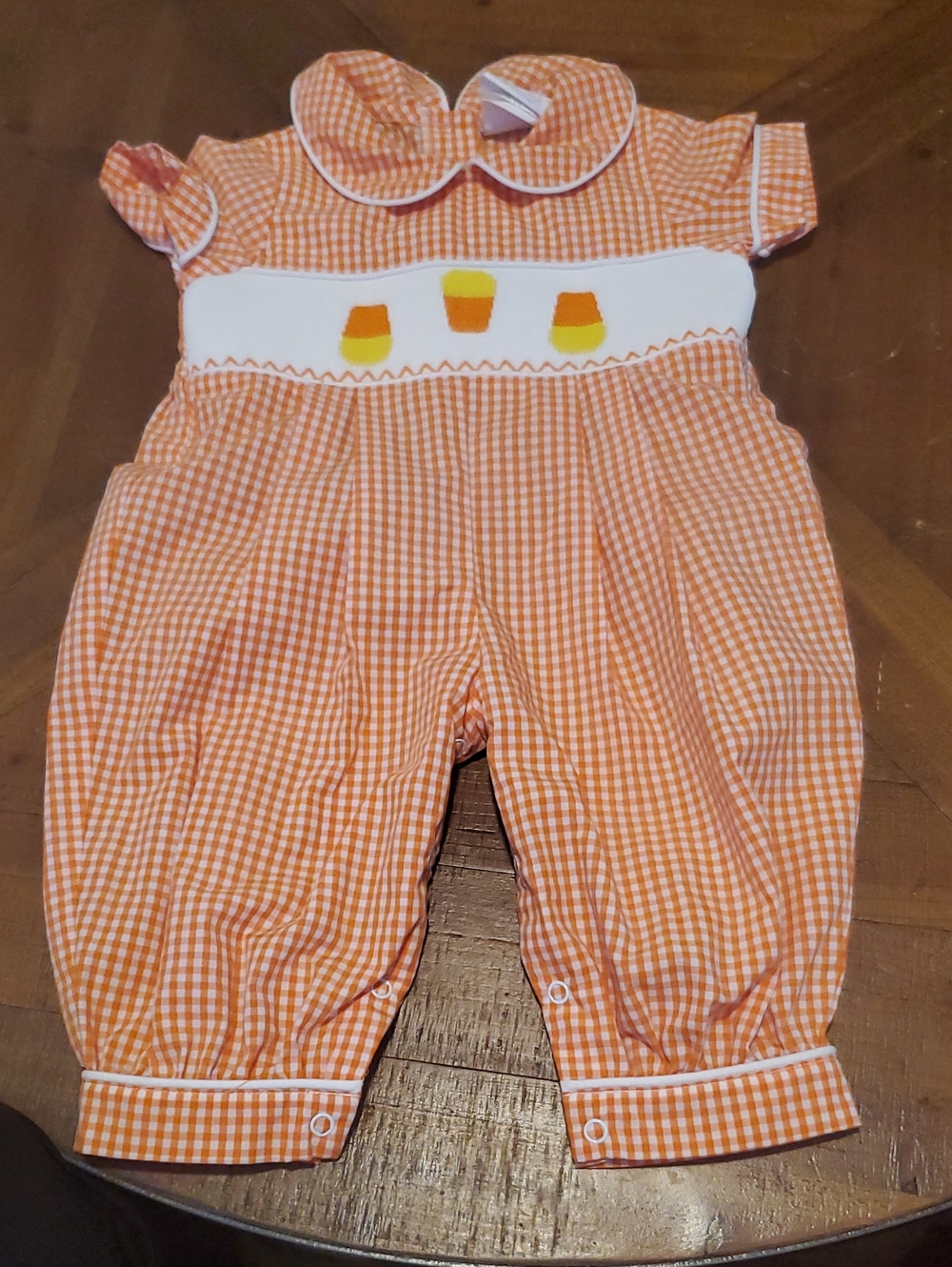 Infant Orange Gingham Smocked Candy Corn Romper